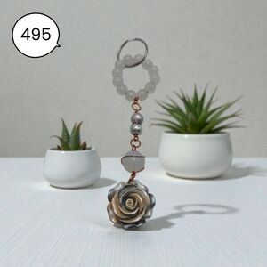 Handmade Elegant White Beaded Rose Keychain